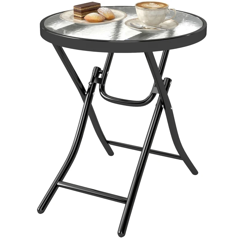 Outsunny Mesa de Vidrio Redonda Plegable Mesa de Jardín con Hebilla de Seguridad Borde Cubierto de Metal Patio Interior y Exterior Ø45x50 cm Negro