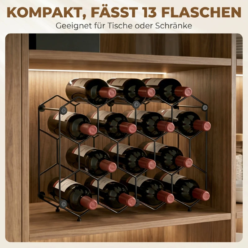 HOMCOM Weinregal für 13 Flaschen Flaschenregal mit Wabendesign Verstellbaren Füßen Kippschutz Metall 43 x 15,5 x 31 cm Schwarz