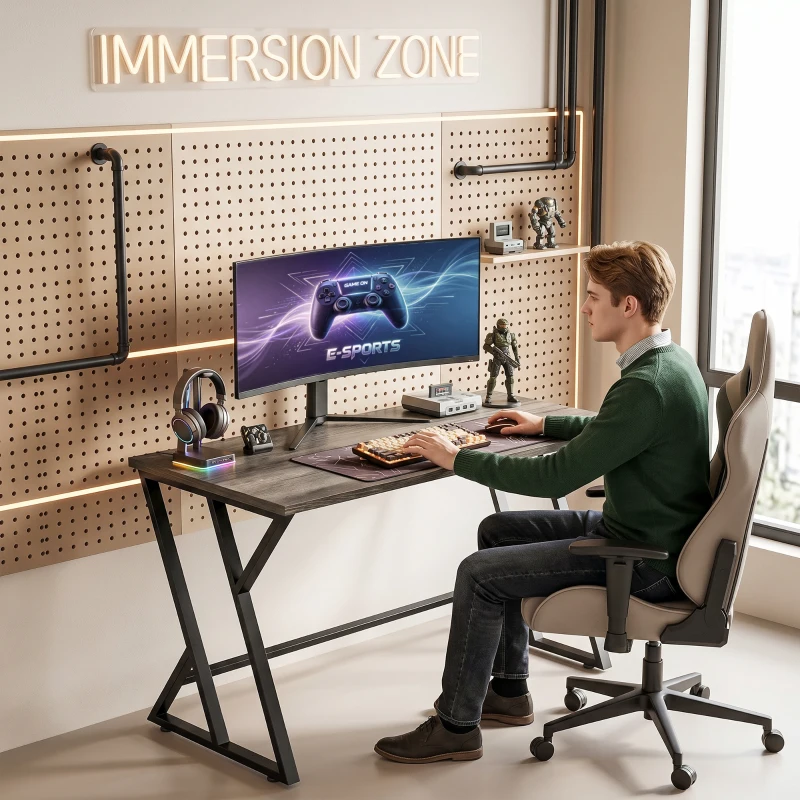HOMCOM 120 cm Computertafel, Industrieel Bureau met Z-vormig Metalen Frame, Werktafel voor Kantoor, Used-Look Grijs