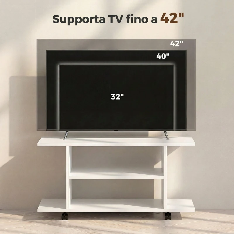 HOMCOM Mobile Porta TV Moderno con Ripiani, Ruote Girevoli e Freni, 80x40x40 cm, Bianco