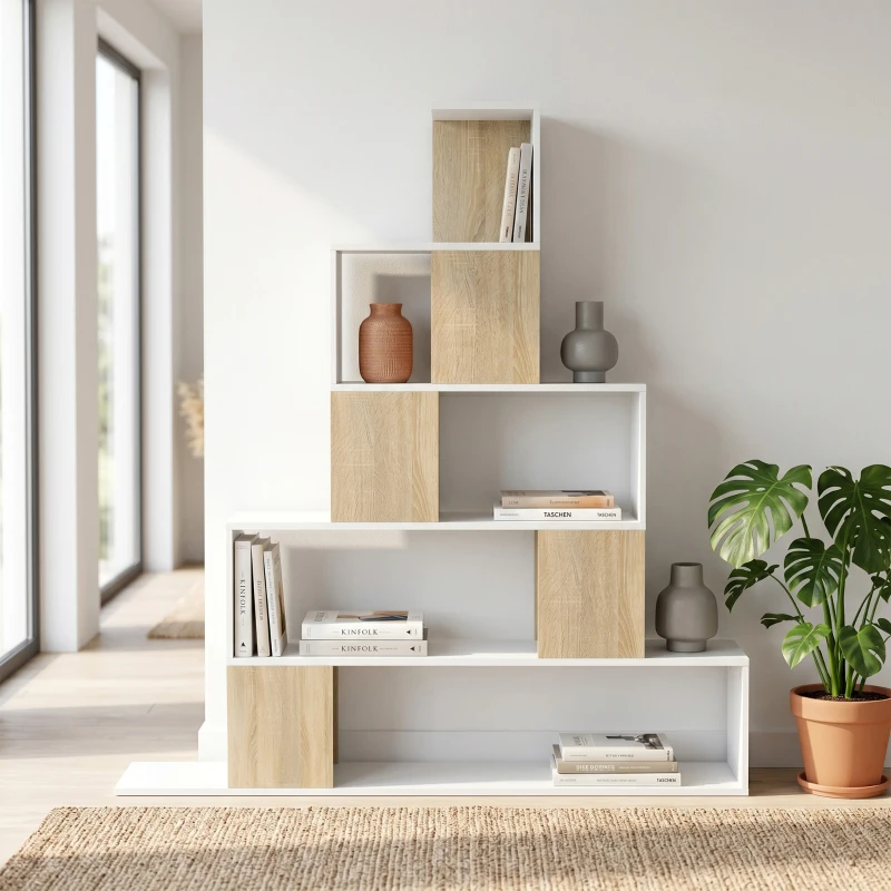 HOMCOM Aufbewahrungsregal, geometrisches 5-stufiges Bücherregal für Büro, Wohnzimmer, Schlafzimmer, Weiß und Naturholz