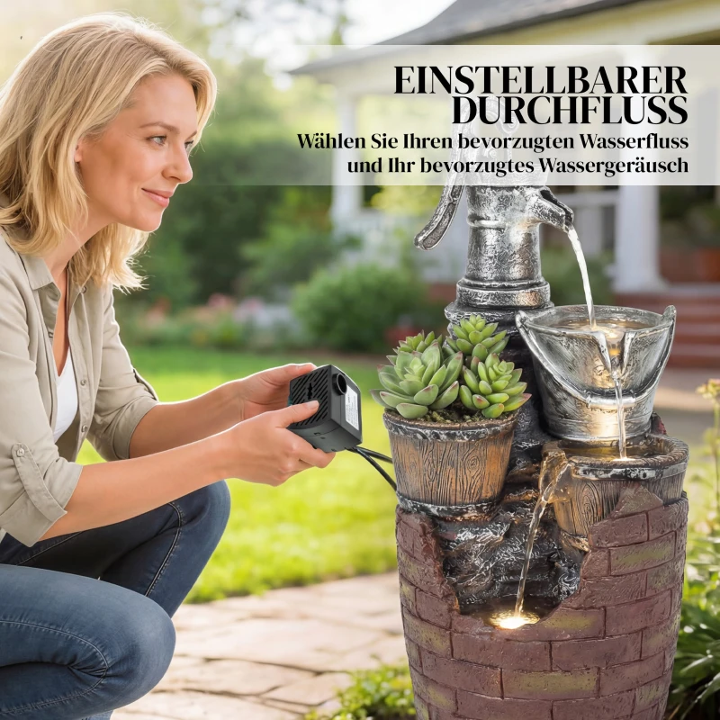 Outsunny Springbrunnen 4-stufig rustikal Gartenbrunnen mit LED Beleuchtung Pflanzkübel Pumpe, Verstellbar 34 x 31 x 76 cm