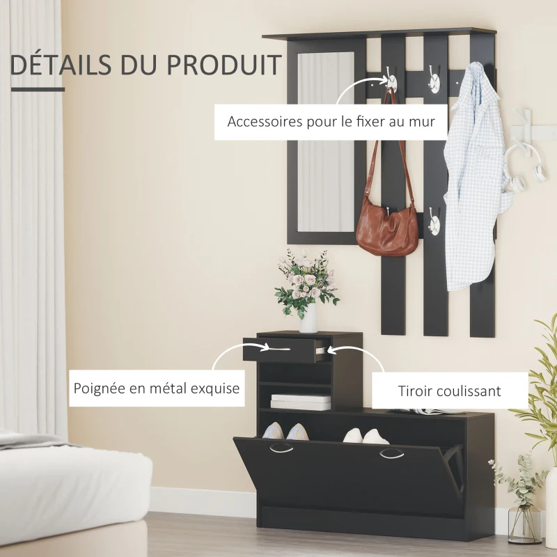 HOMCOM Ensembles 3 en 1 de meuble d'entrée vestiaire avec panneau porte-manteau, miroir et banc à chaussures - 6 crochets et étagère réglable, noir