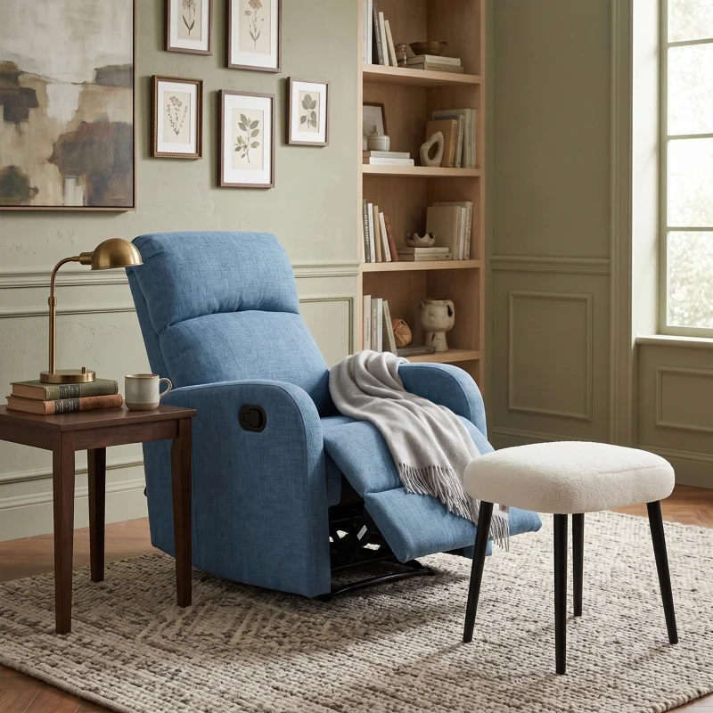 Fotoliu relax rabatabil HOMCOM cu taburet, 125 kg, țesătură de in albastru 66×95×99 cm, Confort modern pentru living