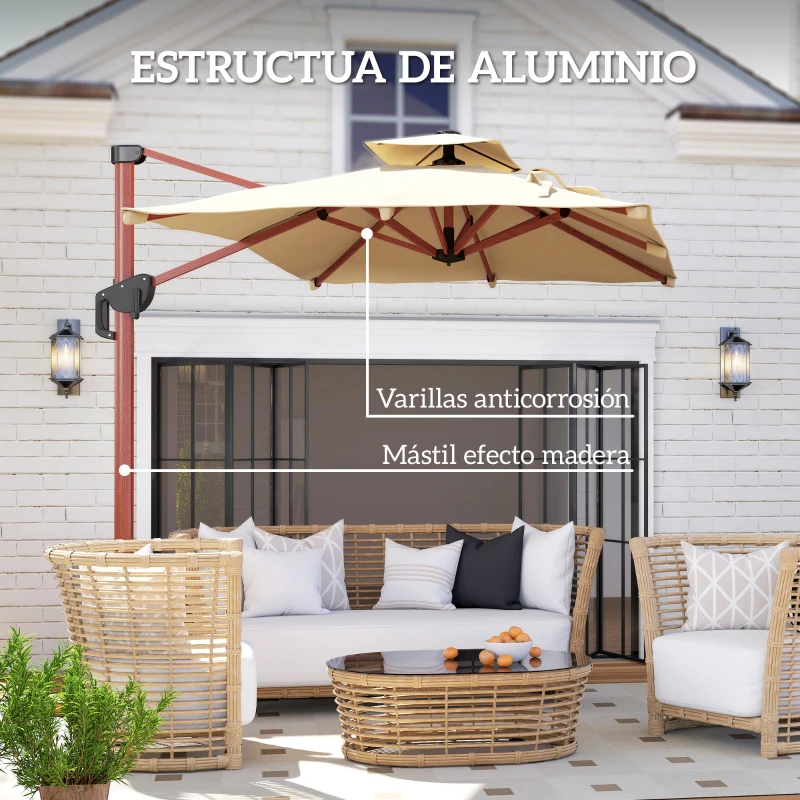 Outsunny Sombrilla de Jardín Excéntrica de Aluminio 300x198x252 cm con Protección UPF50+ y Base Cruzada Giratoria 360° Caqui
