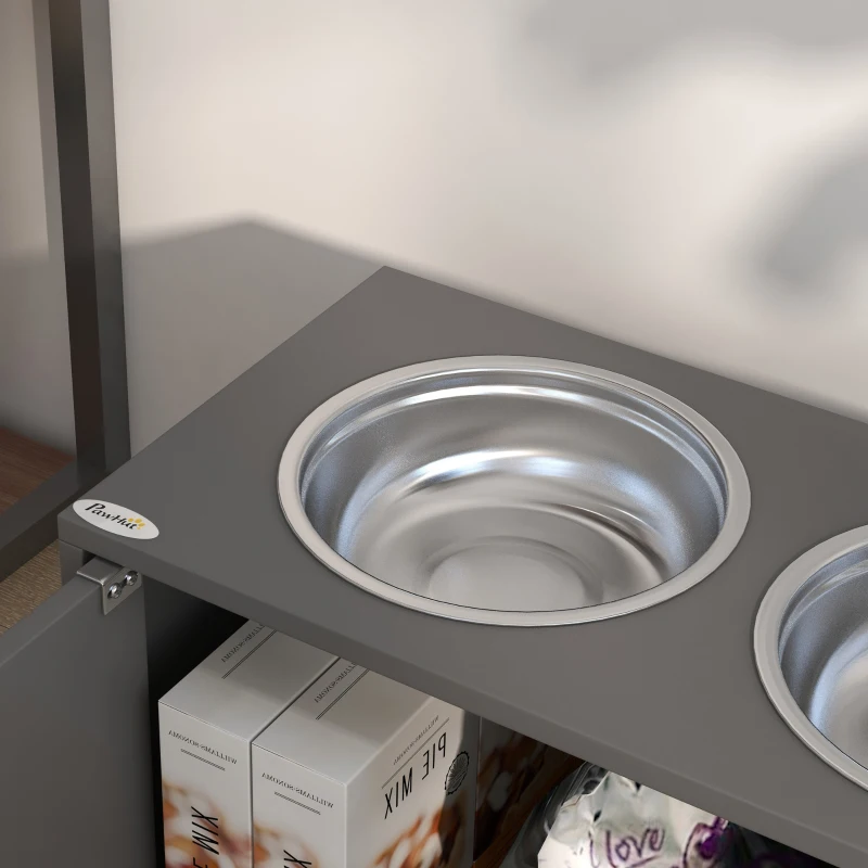 PawHut Comedouro Elevado para Cães Grandes com 2 Tigelas de 2L em Aço Inoxidável, 2 Portas e Arrumação, 60x30x35,5 cm, Cinzento