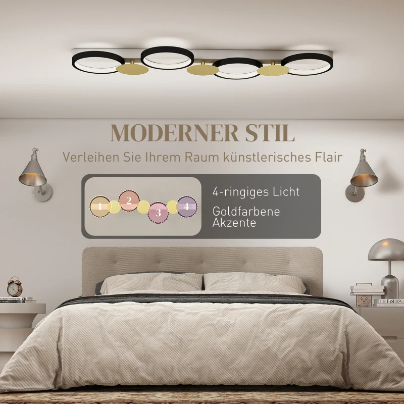 HOMCOM Deckenleuchte LED 38W 1500LM 3000K-6500K Deckenlampe Wohnzimmerlampe mit 4 Glühbirnen Fernbedienung Schwarz+Gold