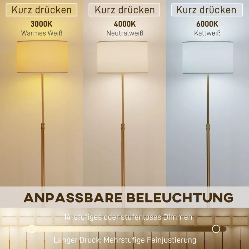 HOMCOM Stehlampe mit Fernbedienung, höhenverstellbar, Stoffschirm, Metallständer, anpassbare Helligkeit, Fußschalter, Goldfarben