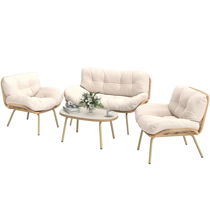 Outsunny Gartenmöbel Set 4-teilig Polyrattan Lounge-Set mit Zweisitzer 2 Sessel Tisch Tiefem Sitz Dicke Kissen
