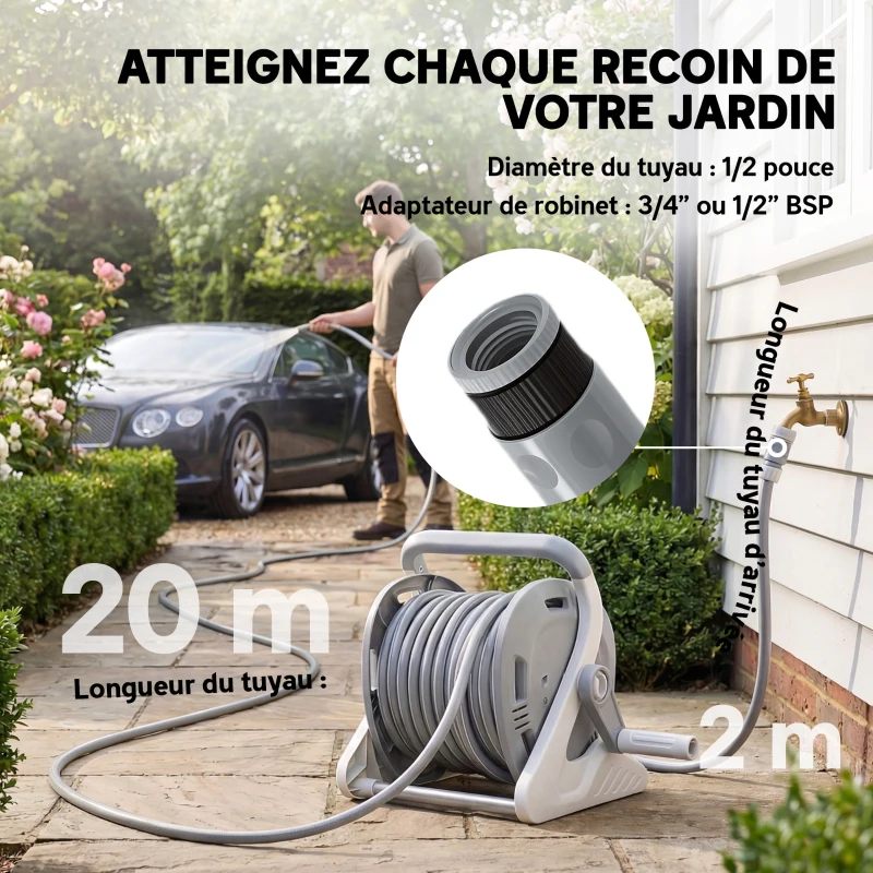 Outsunny Enrouleur Tuyau Arrosage Mural 20+2 m x Ø 15 mm, Dévidoir de Tuyaux d'Eau Portable, Buse à 2 Modes, Gris