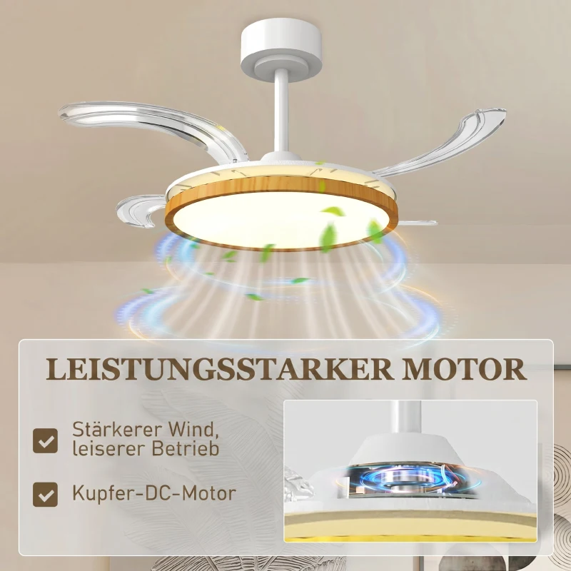 HOMCOM Deckenventilator mit Licht und Fernbedienung, 95 cm moderner LED-Deckenventilator mit einziehbaren Flügeln, Natur