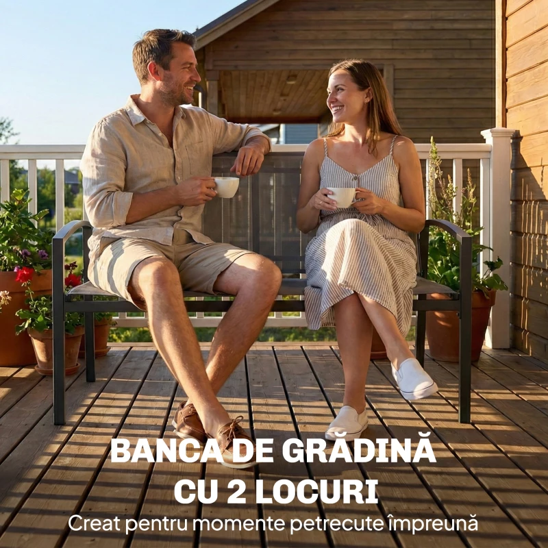Outsunny bancă de grădină din metal, 2 locuri, material respirabil Texteline, culoare gri.