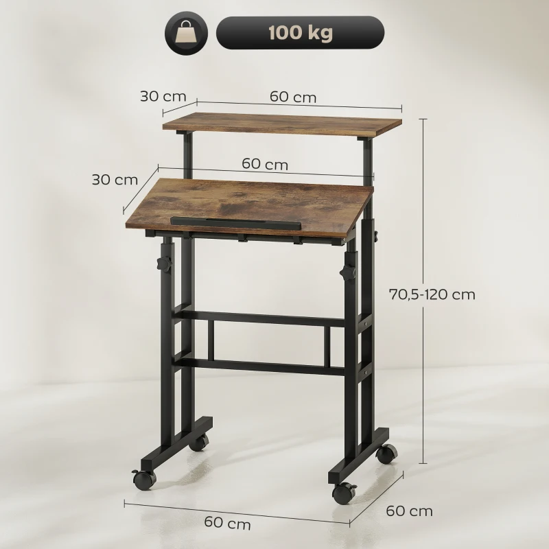 HOMCOM chreibtisch Höhenverstellbar Küchentisch mit Regal, Rollen, Computertisch Rustikal Braun 60 x 60 x 70,5-120 cm
