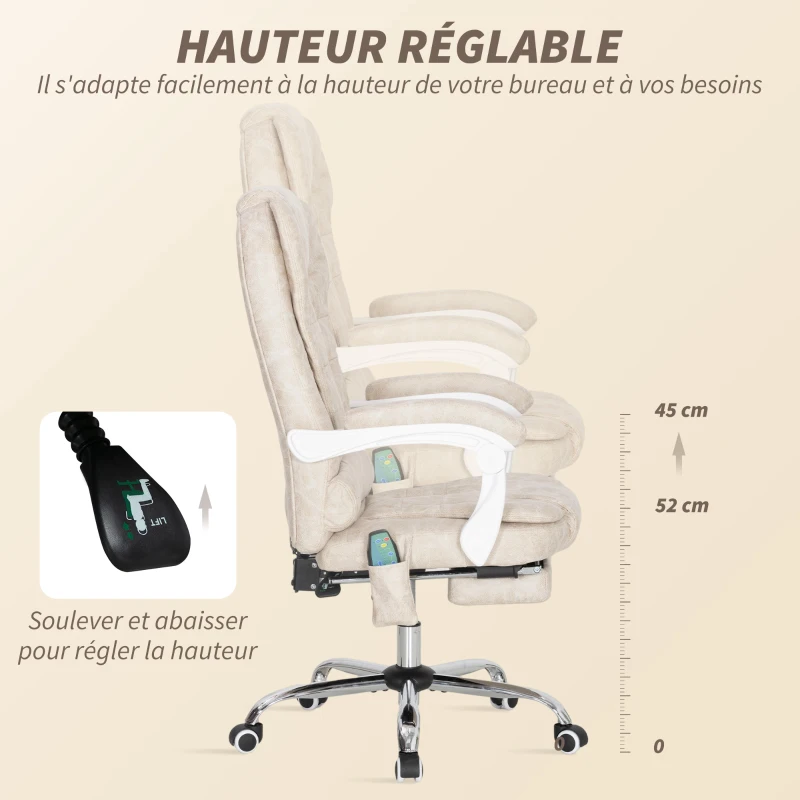 Vinsetto Fauteuil de bureau massant et chauffant, chaise de bureau, hauteur réglable, dossier inclinable, 65x70x111-119cm, crème