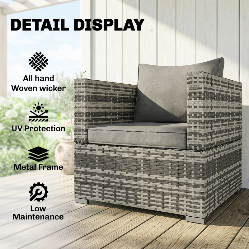 Outsunny Single Seater Rattan Chair Sofa with Padded Cushions, All-Weather PE Wicker Weave Garden Armchair, Armrests Included, Grey