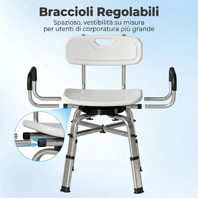 HOMCOM Sedia per Doccia Girevole ad Altezza Regolabile con Braccioli, Schienale, Capacità 150 kg, Bianco