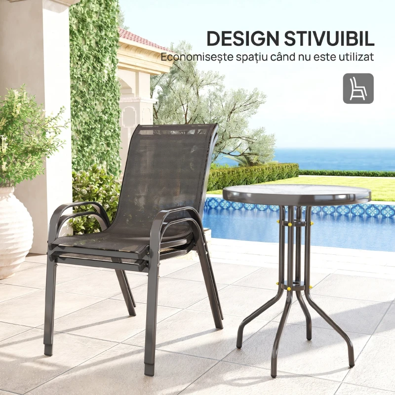Outsunny Set de Grădină 3 Piese cu 2 Scaune de Grădină 54x71x93 cm și Măsuță Rotundă Ø60x71 cm din Oțel Negru