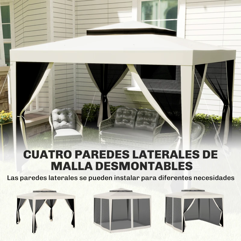 Outsunny Carpa de Jardín 3x3 m Cenador Gazebo con 4 Mosquiteras Laterales Techo Doble 8 Orificios de Drenaje Marco de Metal Crema