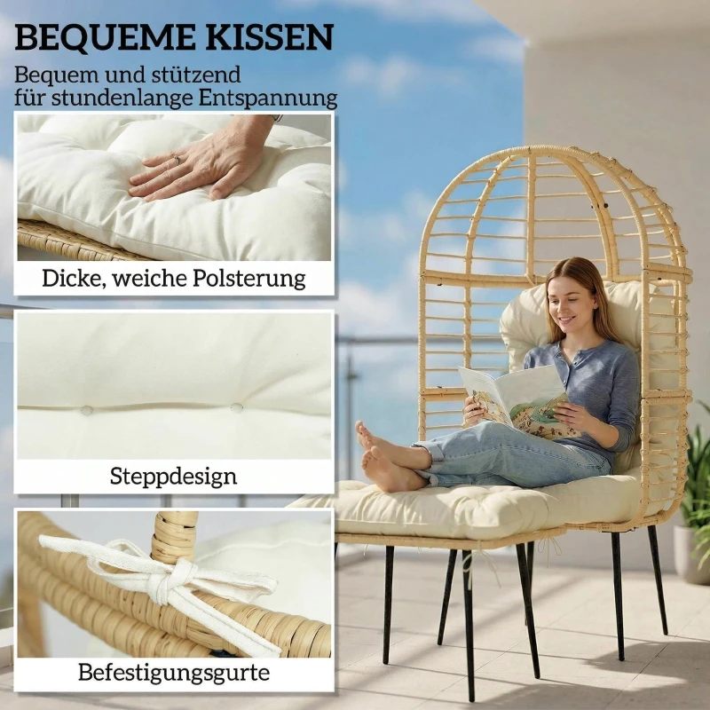 Outsunny Gartensessel mit Hocker PE Rattan Ei-Form Korbsessel mit langen & dicken Kissen Metallrahmen Beige