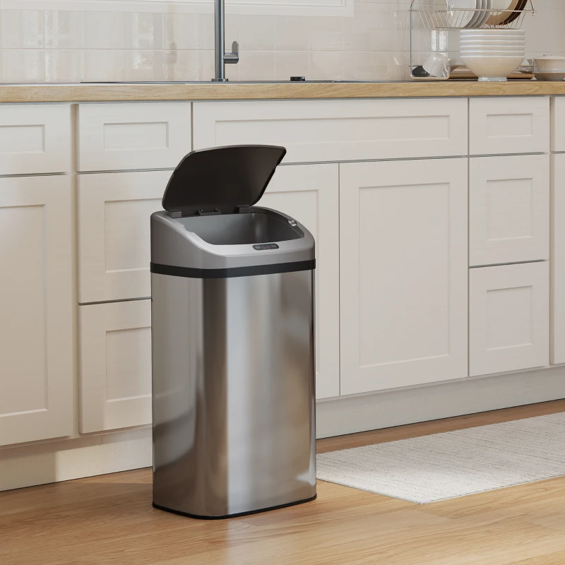 HOMCOM 48 L Sensor-Mülleimer für Küche oder Büro, automatische Schließ-Funktion, Edelstahl, Silberton
