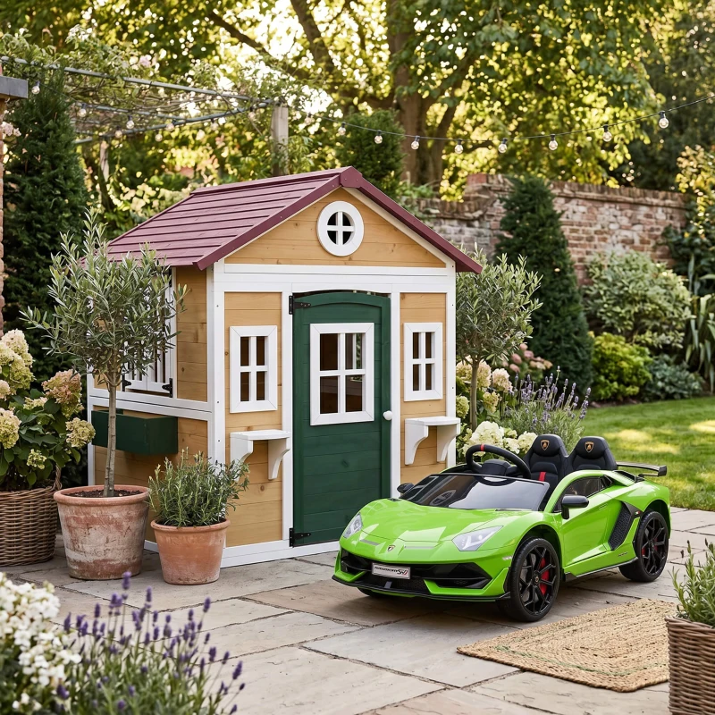 Outsunny Căsuță de exterior pentru copii, casă de joacă exterioară cu ușă, ferestre și jardiniere 114 x 126,4 x 135 cm bej