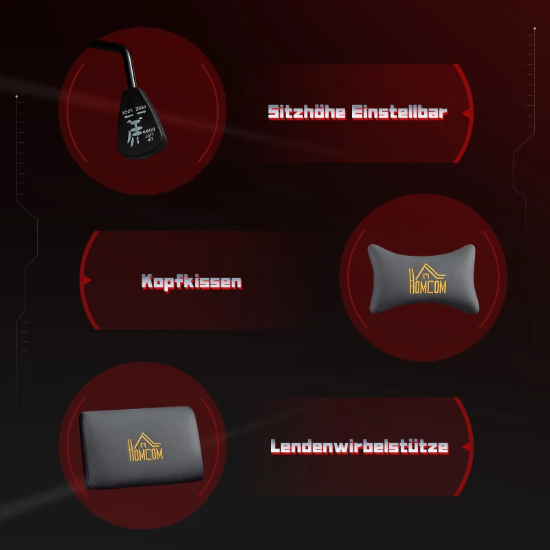 HOMCOM Ergonomischer Gaming-Stuhl mit 3D-Armlehnen, verstellbar, rollbarer Schreibtischstuhl mit Lendenstütze, Grau