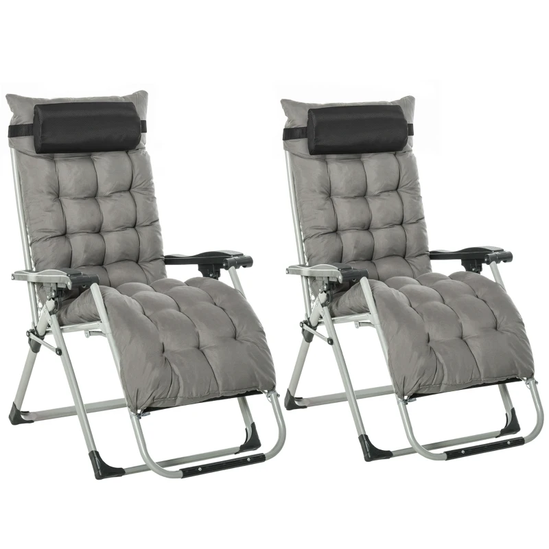 Outsunny 2pc Reclining Zero Gravity Sun Loungers ,Folding Chaise Lounge Chair with Cushions, Dark Grey
