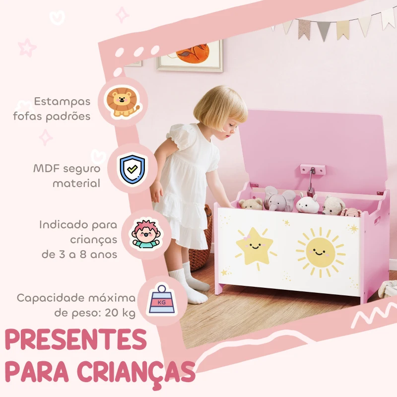 AIYAPLAY Baú Brinquedos Infantil 53 L Caixa de Arrumação Brinquedos com Tampa Rebatível e Pistão a Gás 60x37x39 cm Rosa