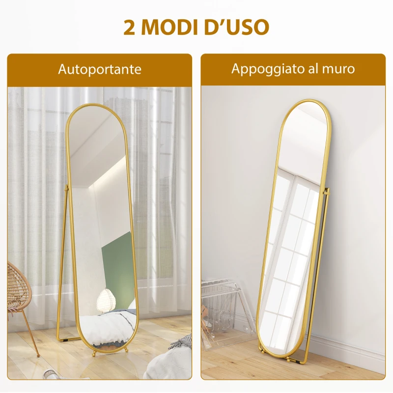 HOMCOM Specchio a Figura Intera da Terra con Supporto Pieghevole, Vetro e Metallo, 50x4x180 cm, Oro