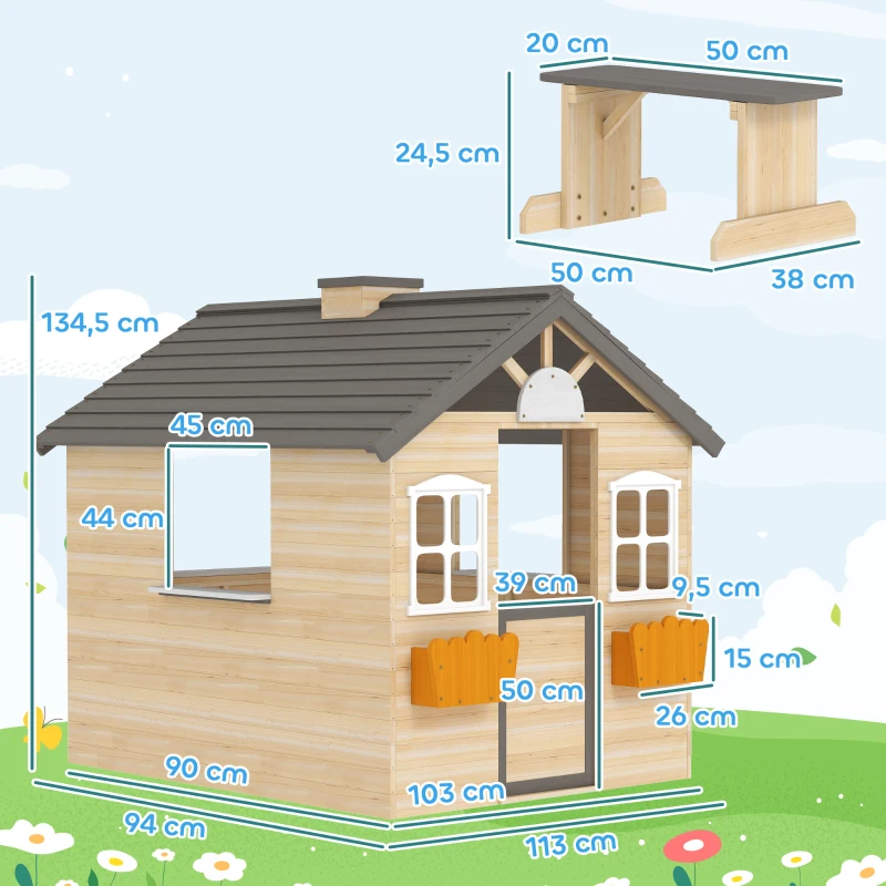 Outsunny speelhuis voor kinderen, houten kinderspeelhuis met raam, brievenbus, buitentuin speelhuis met bloempottenrek, houten speelhuis voor 3-7 jaar, dennenhout, naturel, 113 x 94 x 134,5 cm