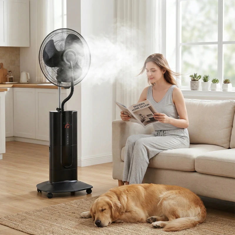 HOMCOM Ventilateur brumisateur 100 W à ionisation négative, ventilateur sur pied 130 cm, 3 vitesses, 3 modes, minuterie, noir