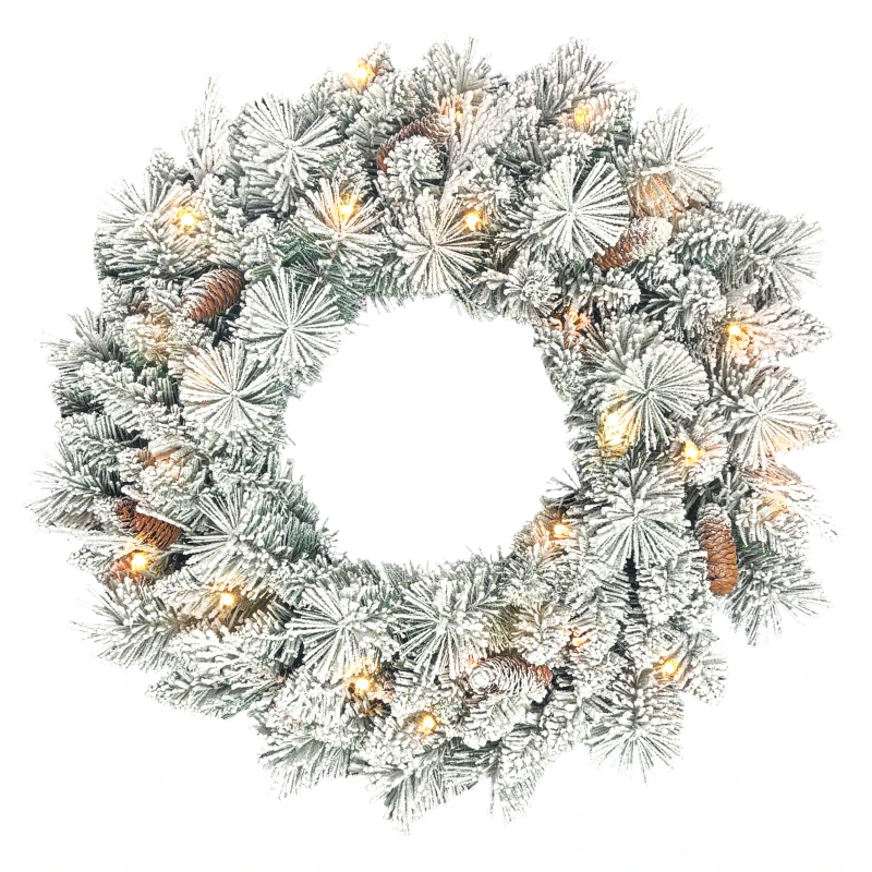 HOMCOM Tannenkranz Weihnachtskranz mit LED-Lichterkette, Tannenzapfen, Türkranz Grün+Weiß, Ø60 x 8 cm