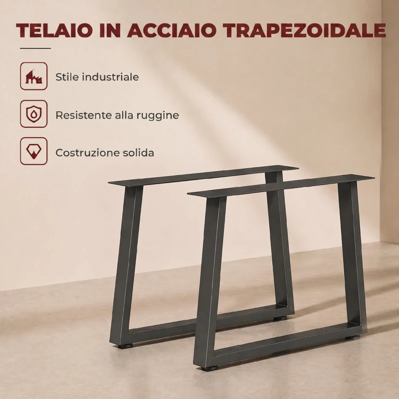 HOMCOM Set 2 Gambe per Tavolo Trapezoidali in Acciaio con 12 Fori e 12 Viti, Capacità 75 kg, per Panca, Tavolino, Nero