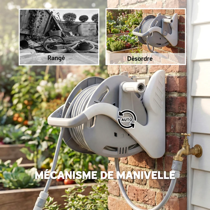 Outsunny Enrouleur Tuyau Arrosage Mural 20+2 m x Ø 15 mm, Dévidoir de Tuyaux d'Eau Portable, Buse à 2 Modes, Gris