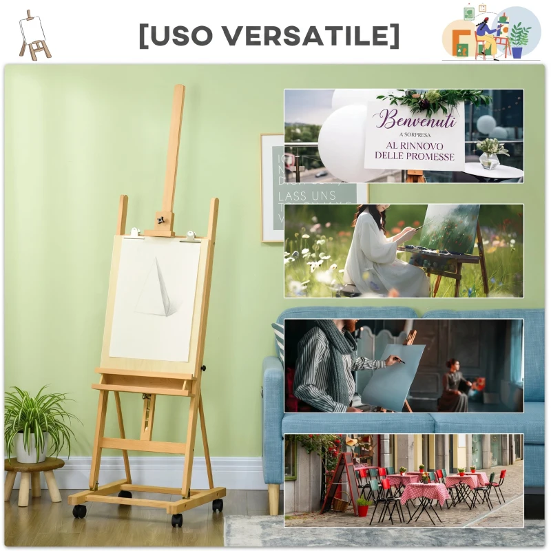 Vinsetto Cavalletto Pittura Pieghevole con Ruote, per Dipingere su Tela, in Faggio Regolabile,per Studio, Artisti Pittori