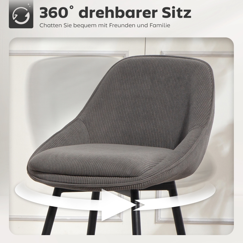 HOMCOM 2er-Set Barstühle mit Cordbezug und Stahlbeinen, Polsterstühle für Kücheninsel, Esszimmer, Grau