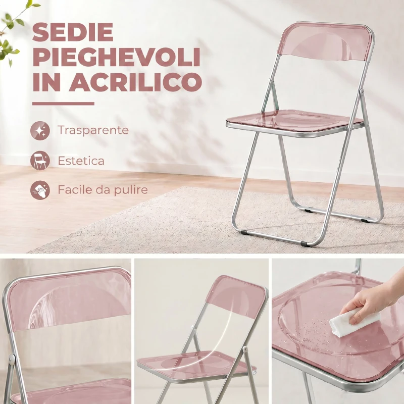 HOMCOM Set da 4 Sedie Pieghevoli in Acrilico Trasparenti, Rosa