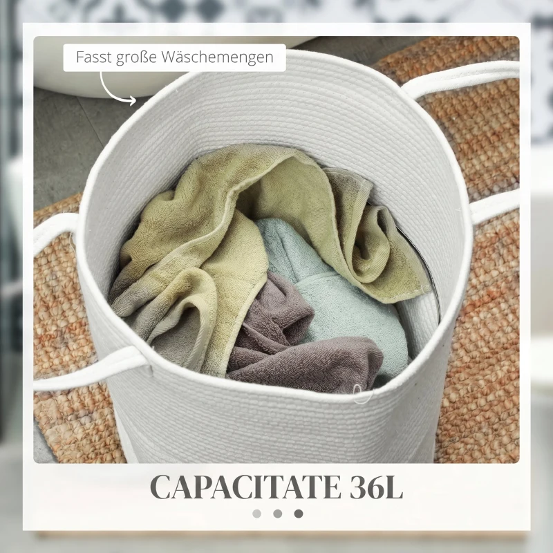 HOMCOM Coș pentru rufe de 36L, portabil și pliabil cu mânere din bumbac natural, Ø38x45 cm, crem