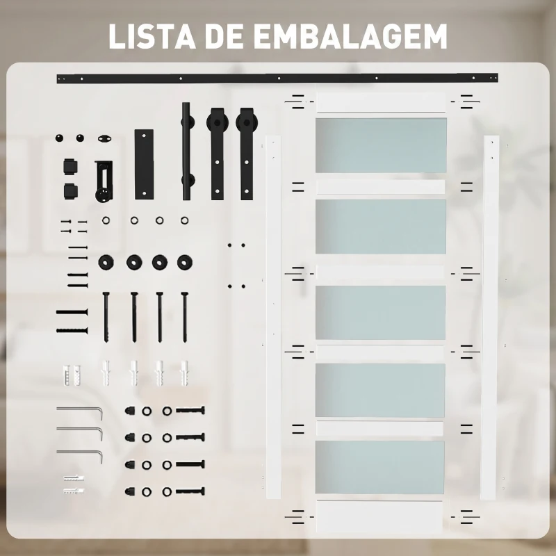 HOMCOM Porta de Correr com Ferragens 91x213 cm Porta de Correr Interior de MDF e Vidro Fosco com Rolo Trilho Guia de Chão Branco
