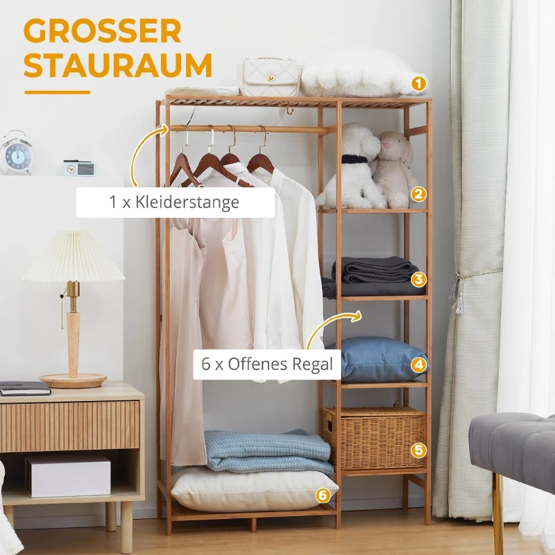 HOMCOM Cuier din Bambus cu Rafturi pe 6 Niveluri și Bară pentru Umerașe, 90x30x145 cm, Lemn Natural