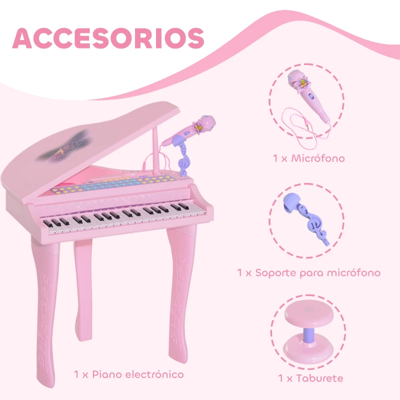 HOMCOM Piano Infantil 37 Teclas Teclado Electrónico Piano para Niños con Micrófono Taburete Luces y 22 Canciones USB/MP3 Karaoke Modo de Enseñanza Rosa