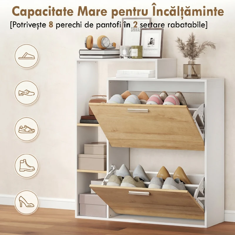 HOMCOM Dulap Slim pentru Pantofi cu 2 Sertare Rabatabile, Dulap Intrare cu Rafturi Reglabile, 3 Rafturi Deschise, Spațiu pentru 8 Perechi de Pantofi, Alb și Lemn Natural, 80x26x90 cm