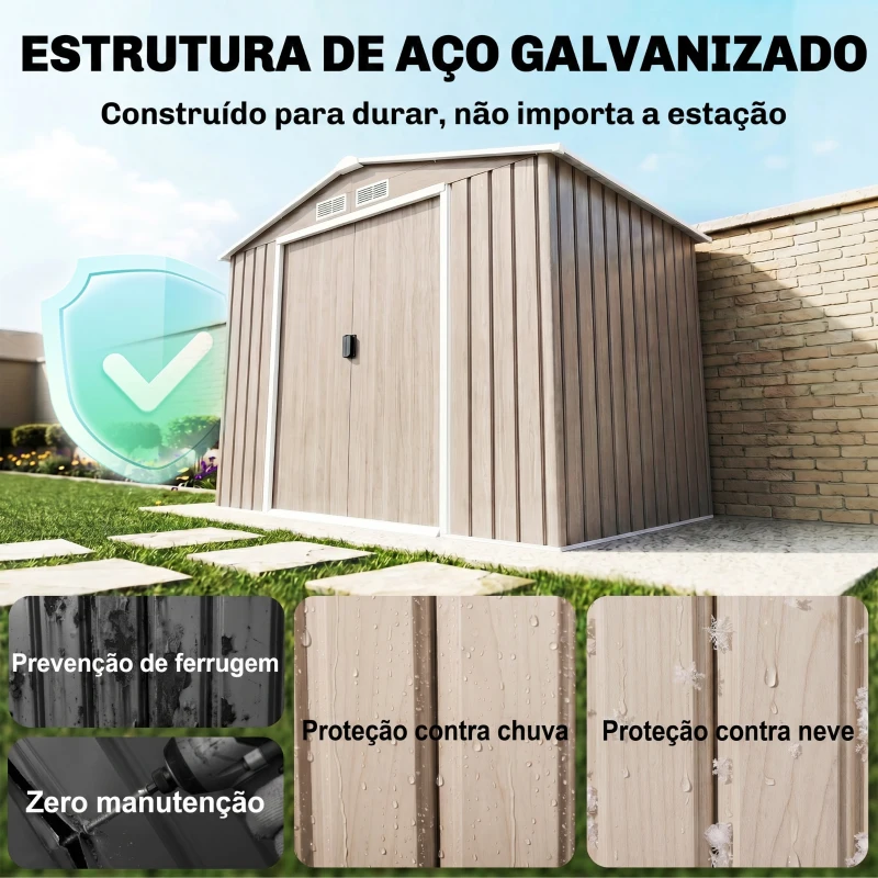 Outsunny Abrigo de Jardim 213x130x185 cm Abrigo de Jardim Metálico de Exterior com 2 Portas Deslizantes e 4 Janelas Madeira
