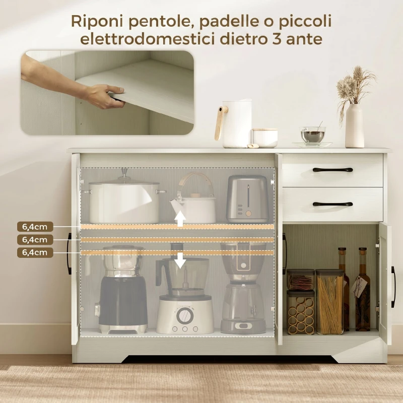 HOMCOM Mobile Cucina con 2 Cassetti e 3 Armadietti, Ripiani Regolabili, 120x38x79 cm, Crema