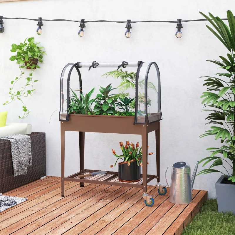 Outsunny Furcă de grădină înălțată cu mini seră pentru plante, roți și raft, 80x40x120cm, maro