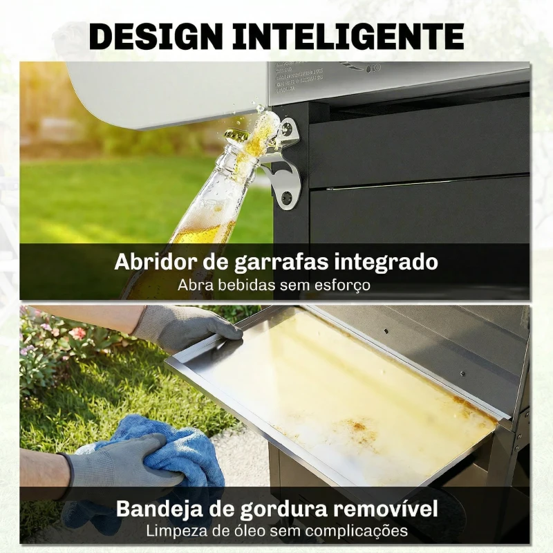 Outsunny Barbecue a Gás com 4 Queimadores 44000 BTU Rodas Grelha de Aquecimento Termómetro 129x55x117 cm Preto e Prata