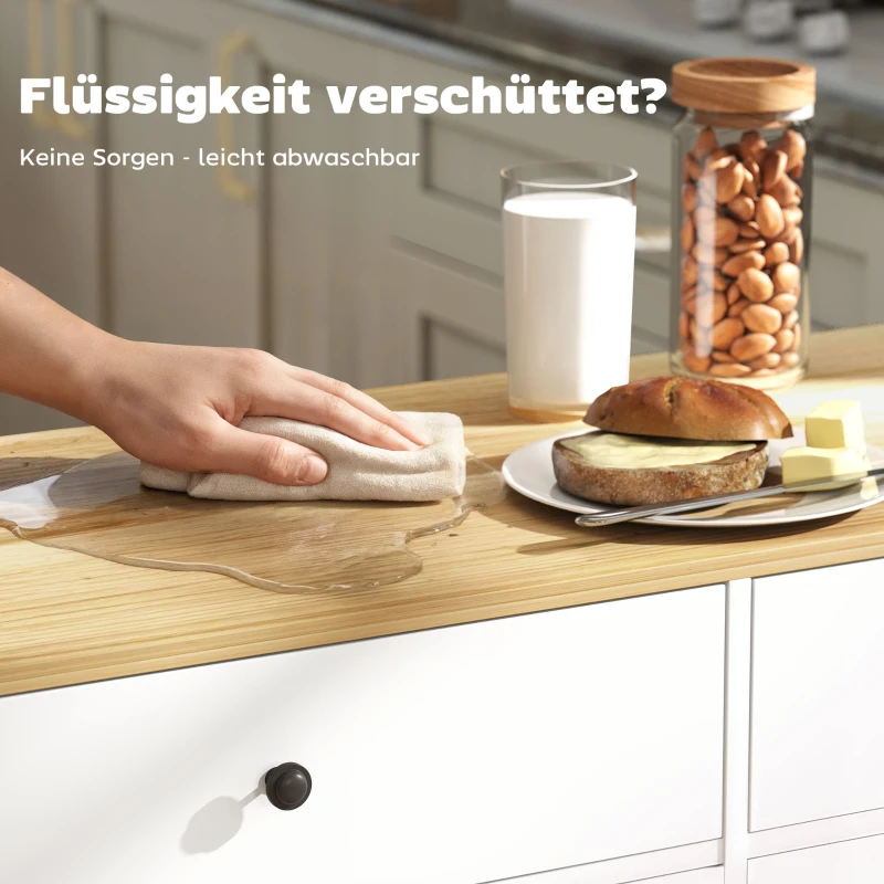 HOMCOM Rollbare Kücheninsel, 2 Schubladen, 2 Schränke, verschiebbar, Gewürzregal, Handtuchhalter, Messerhalter, MDF, Weiß