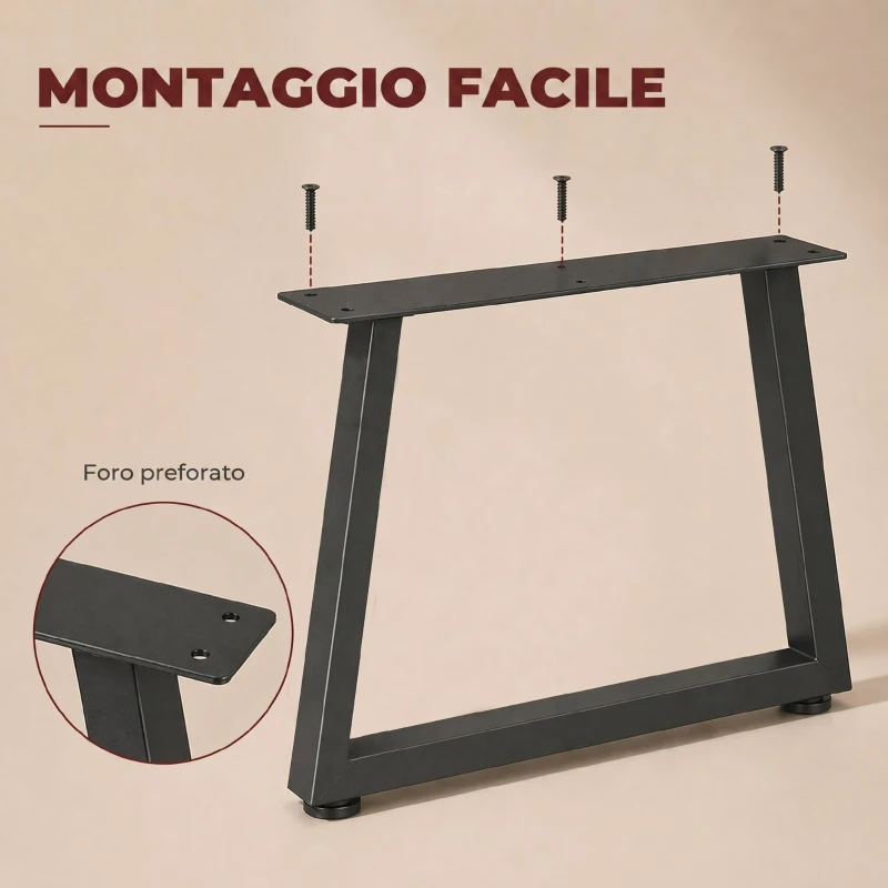 HOMCOM Set 2 Gambe per Tavolo Trapezoidali in Acciaio con 12 Fori e 12 Viti, Capacità 75 kg, per Panca, Tavolino, Nero