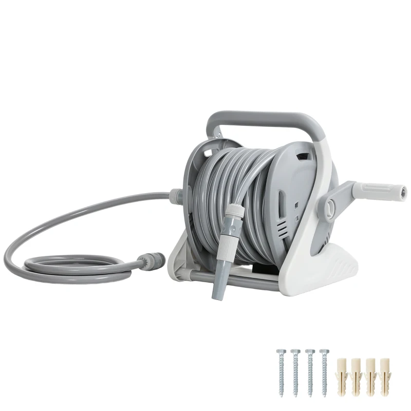 Outsunny Enrouleur Tuyau Arrosage Mural 20+2 m x Ø 15 mm, Dévidoir de Tuyaux d'Eau Portable, Buse à 2 Modes, Gris