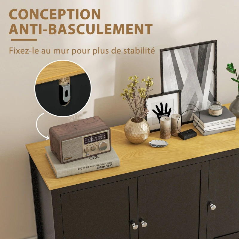 HOMCOM Buffet meuble de rangement avec 3 portes 2 étagères réglables plateau aspect bois clair 120 x 40 x 70 cm noir